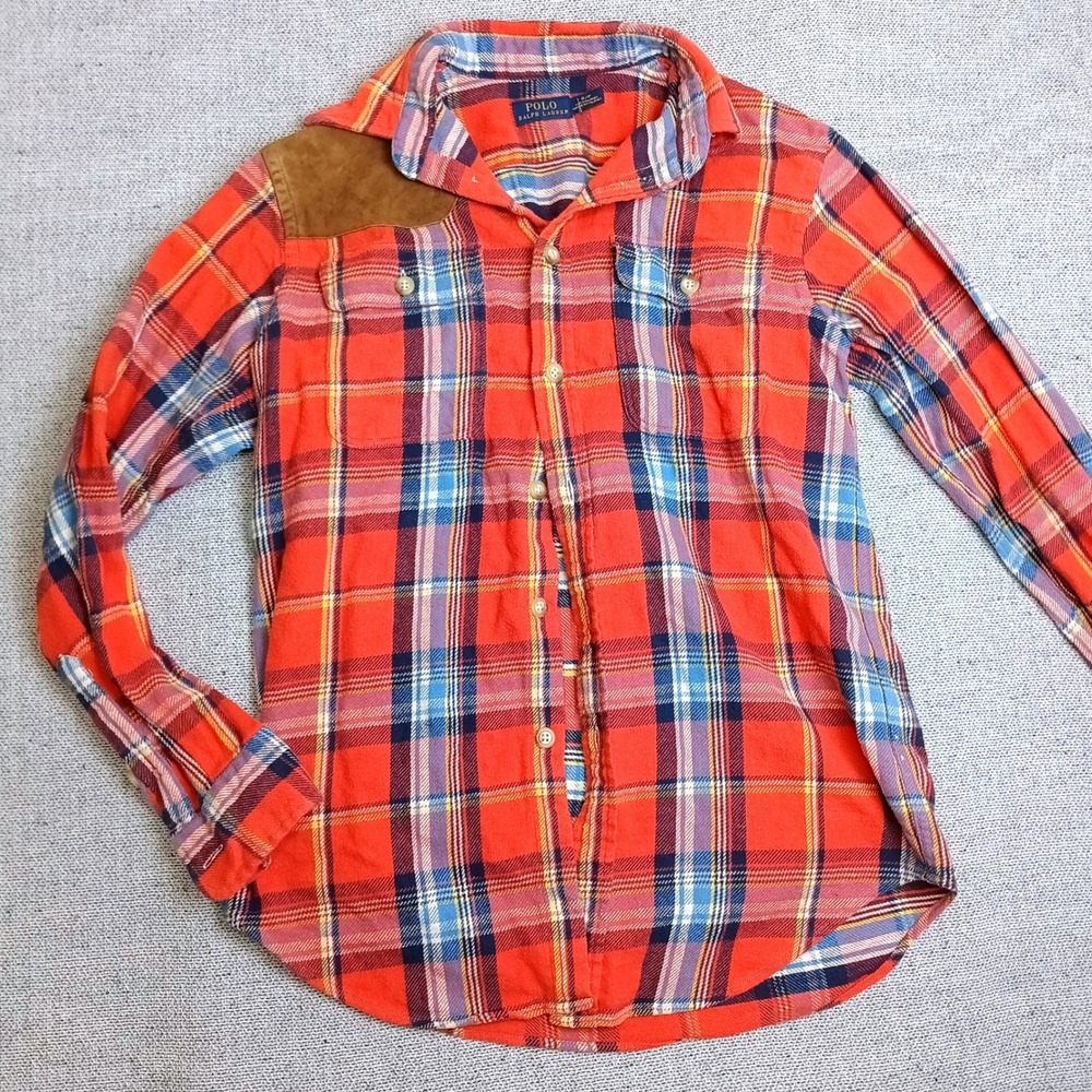 Polo Ralph Lauren Flannel Shirt Mens S Orange Plaid Excellent Suede Patch Pocket
